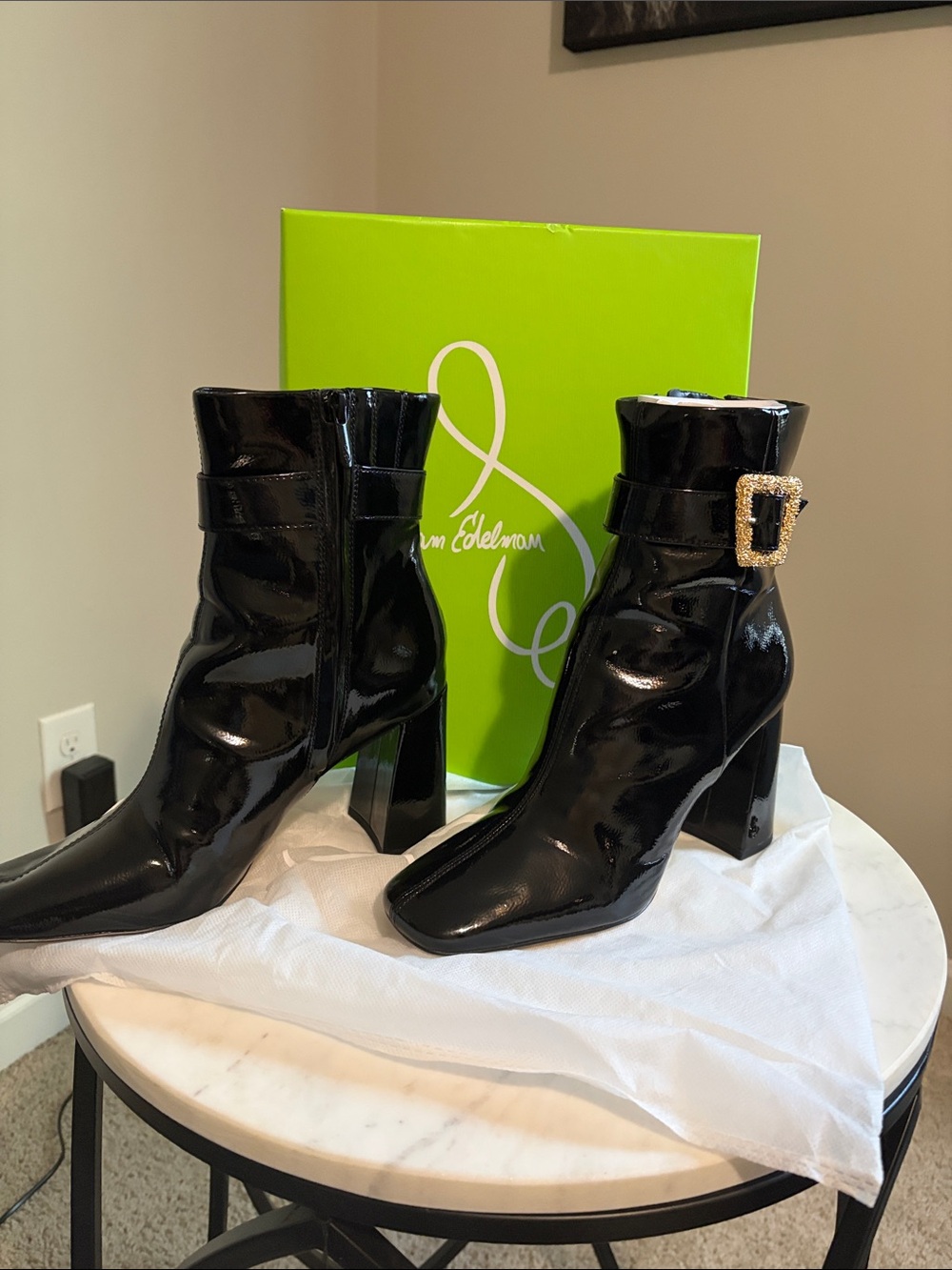 Sam Edelman Black Patent Leather Ankle Boots with Jeweled Buckle